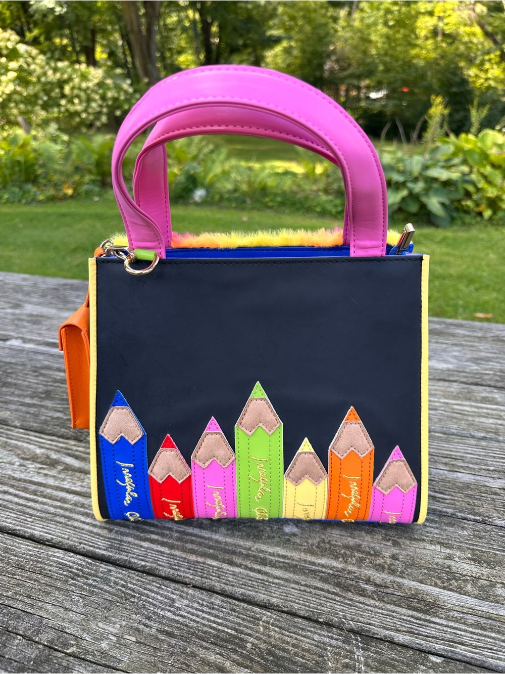 Woman’s Colorful Pencil Applique Bag - Pink Handles and Rainbow Fun Fur Back